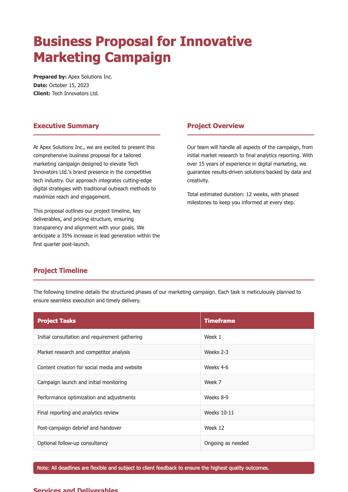 Project timeline document with task list and timeframe table_variant_1